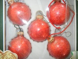 Weihnachtskugeln, 5 Stück, alt, rot/goldig gepunktet