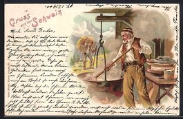 Litho Schweiz, Mann beim Käsen, Junger 