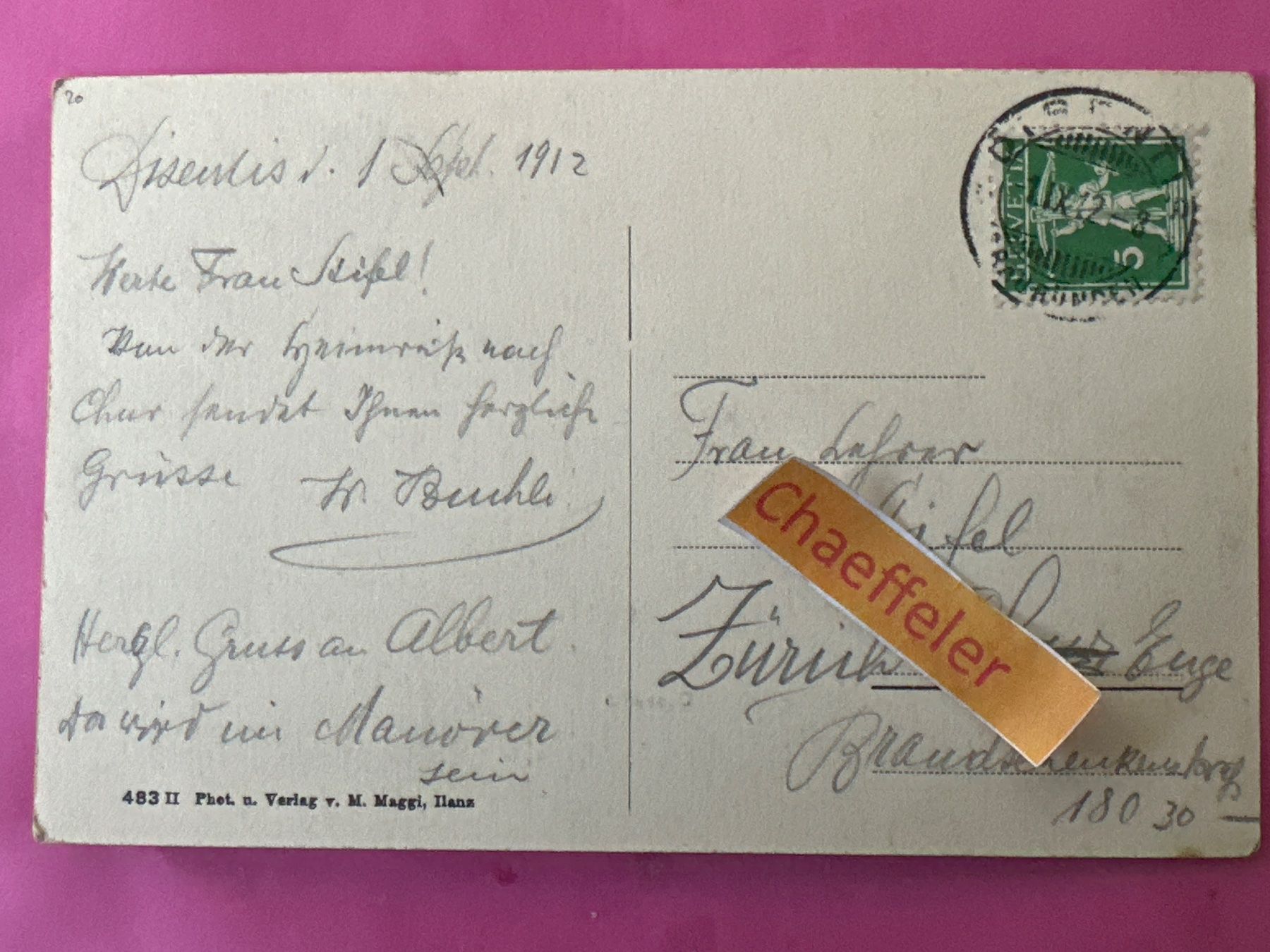 Cartoline postali: 1912 Disentis – Usato da Zürich venduto da Chaeffeler 1