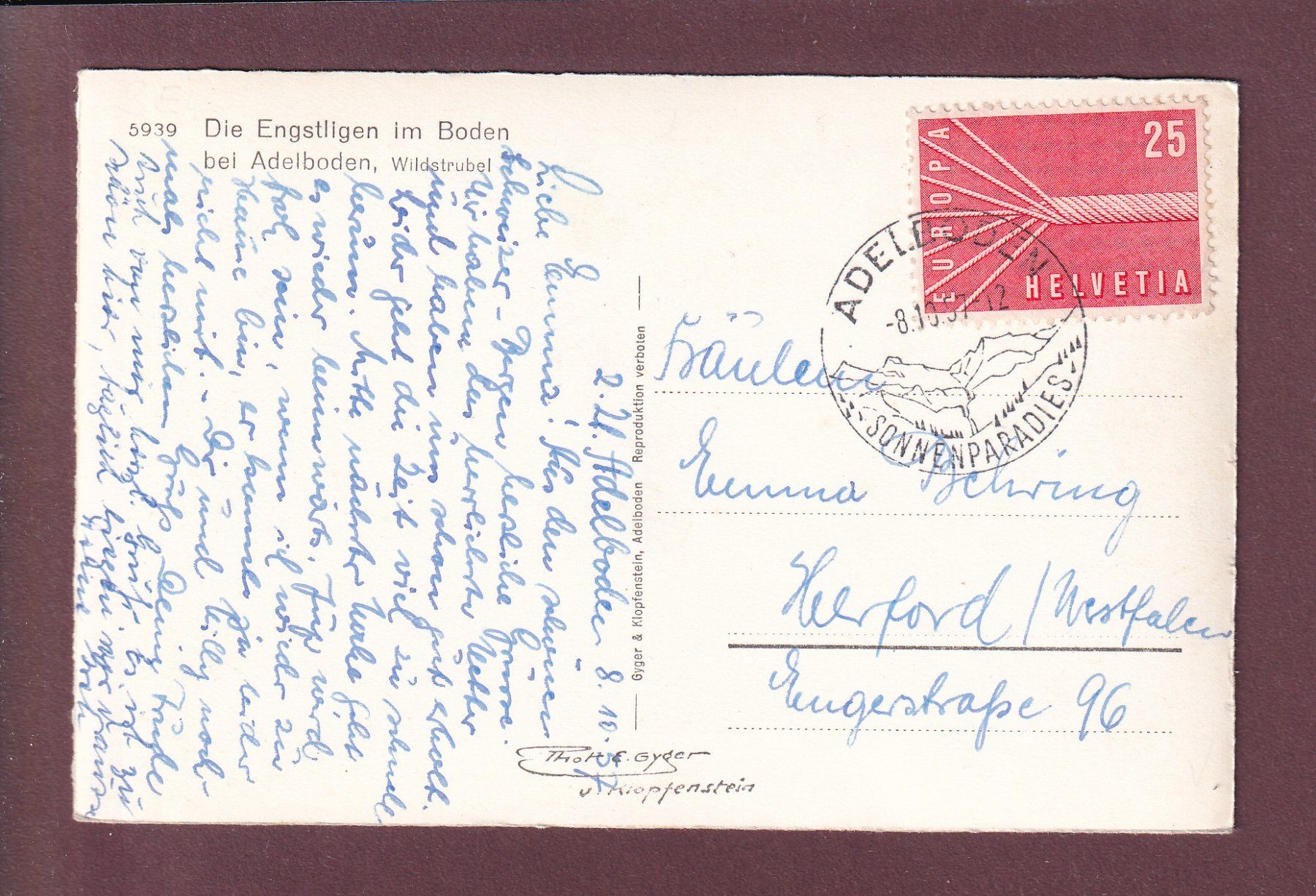 Cartoline postali: Adelboden - ENGSTLIGEN im Boden - 1957 – Usato da Pully venduto da nicecards 1
