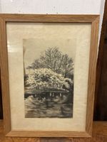Dessin encadré signé, paysage hivernal, année 1939 - Rare!