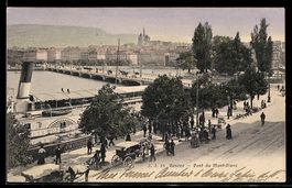 AK Geneve, Pont du Mont-Blanc mit Droschken und Leuten