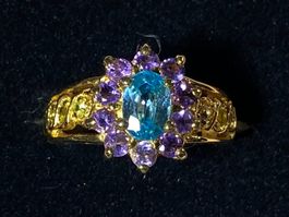 Blauer Zirkon + Amethyst Ring 💎✨ Silber 925 vergoldet S166