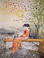 Original Aquarell "die Frau und ihre Vögel" Bild Deko Art