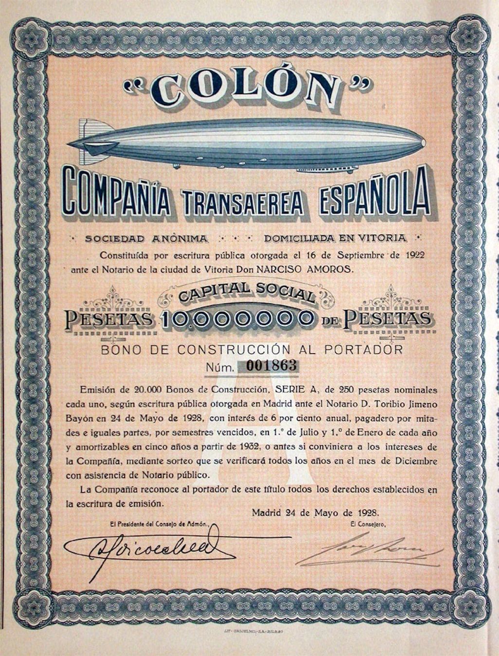 Documenti: "Colon" Compania Transaerea Espanola, Madrid - 1928 – Usato da Solothurn venduto da Sgasche