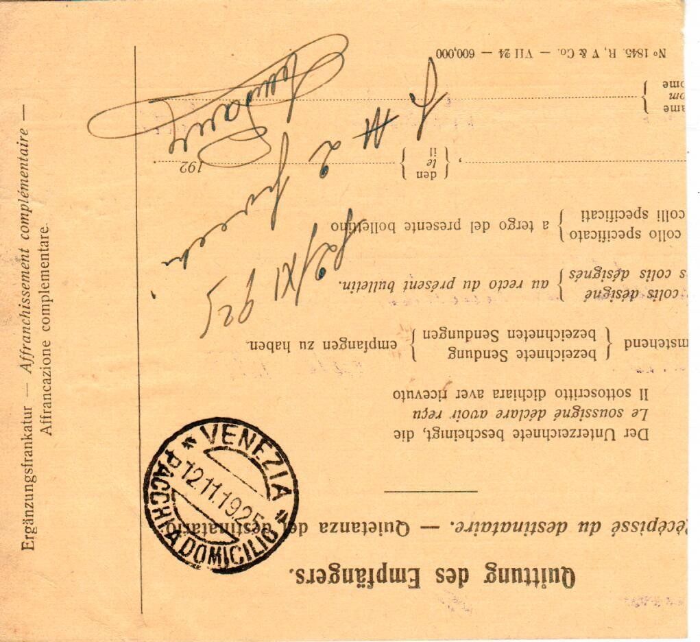 Tutti i francobolli: Begleitadresse Liestal - Venezia 1925 – Usato da Wolhusen venduto da Curver9 1
