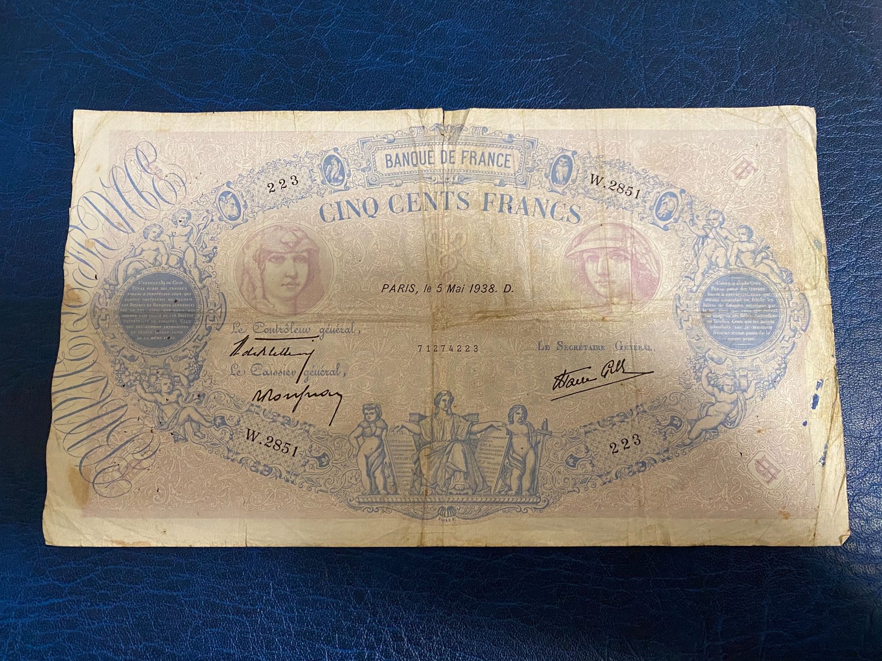 Banconote: 500 francs 1938 – Usato da Dällikon venduto da Woldbanknoten