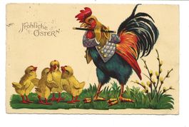 Fröhliche Ostern - Hahn pfeift Küken ein Lied - Litho - 1935