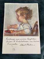 Postkarte Kind am Tisch mit Früchten, datiert 1929
