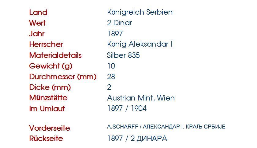 Tutti le monete: 2 DINAR 1897 Silber TOP – Usato da Flamatt venduto da samowarow 1