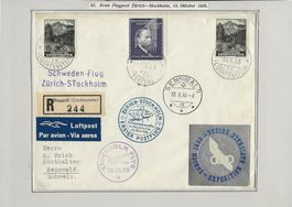 1938 Flugpost Zürich - Stockholm Liechtenstein FL Frankatur