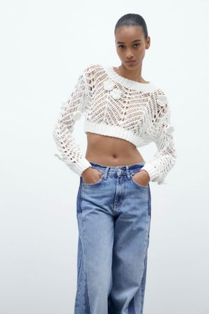 Zara Strickpullover Grobstrick weiss Gr. S cropped