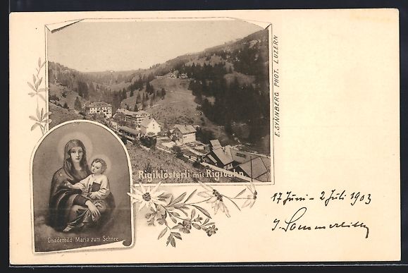 Cartoline postali: Rigiklösterle, Teilansicht mit Rigibahn – Usato da Berlin venduto da bartko-reher