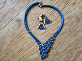 Vintage Leder Halskette Ohrclips Schmuck Set türkis