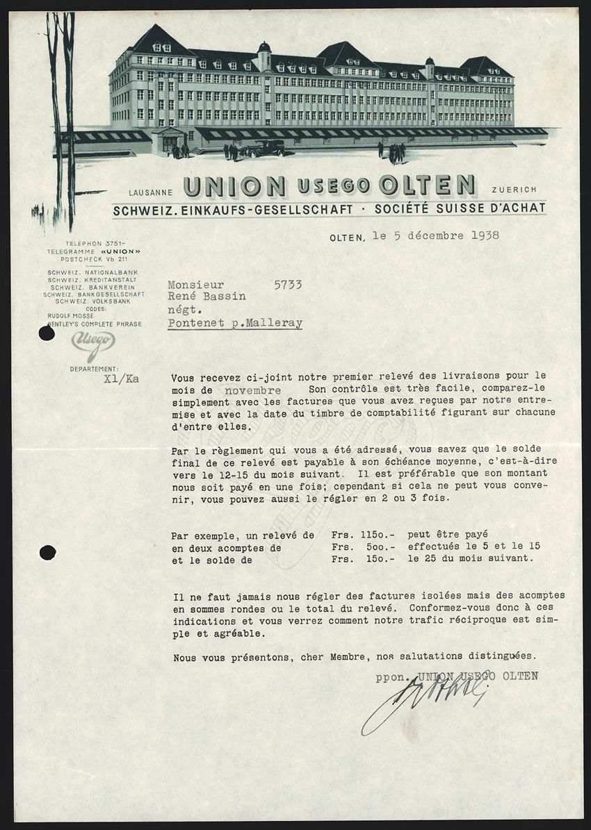 Autres collections & raretés: Briefkopf Olten 1938, Union Usego, Schwe – D'occasion à Berlin par bartko-reher