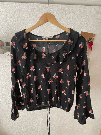 Schwarze Clockhouse Bluse, Gr. 36, mit Blumenmuster rosa