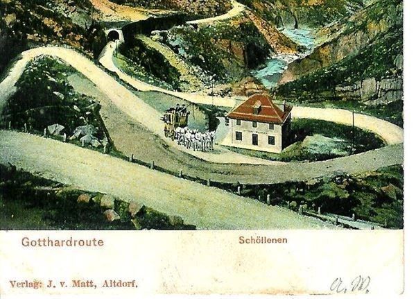 Cartoline postali: Schöllenen UR Rest. 5 Spännige Gotthard-Post Kutsche 1908 – Usato da Ennetmoos venduto da Ambuman 1