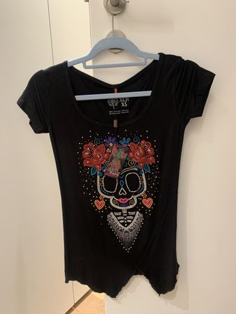 Schwarz T-Shirt Totenkopf Blumen Strass Kristalle XS