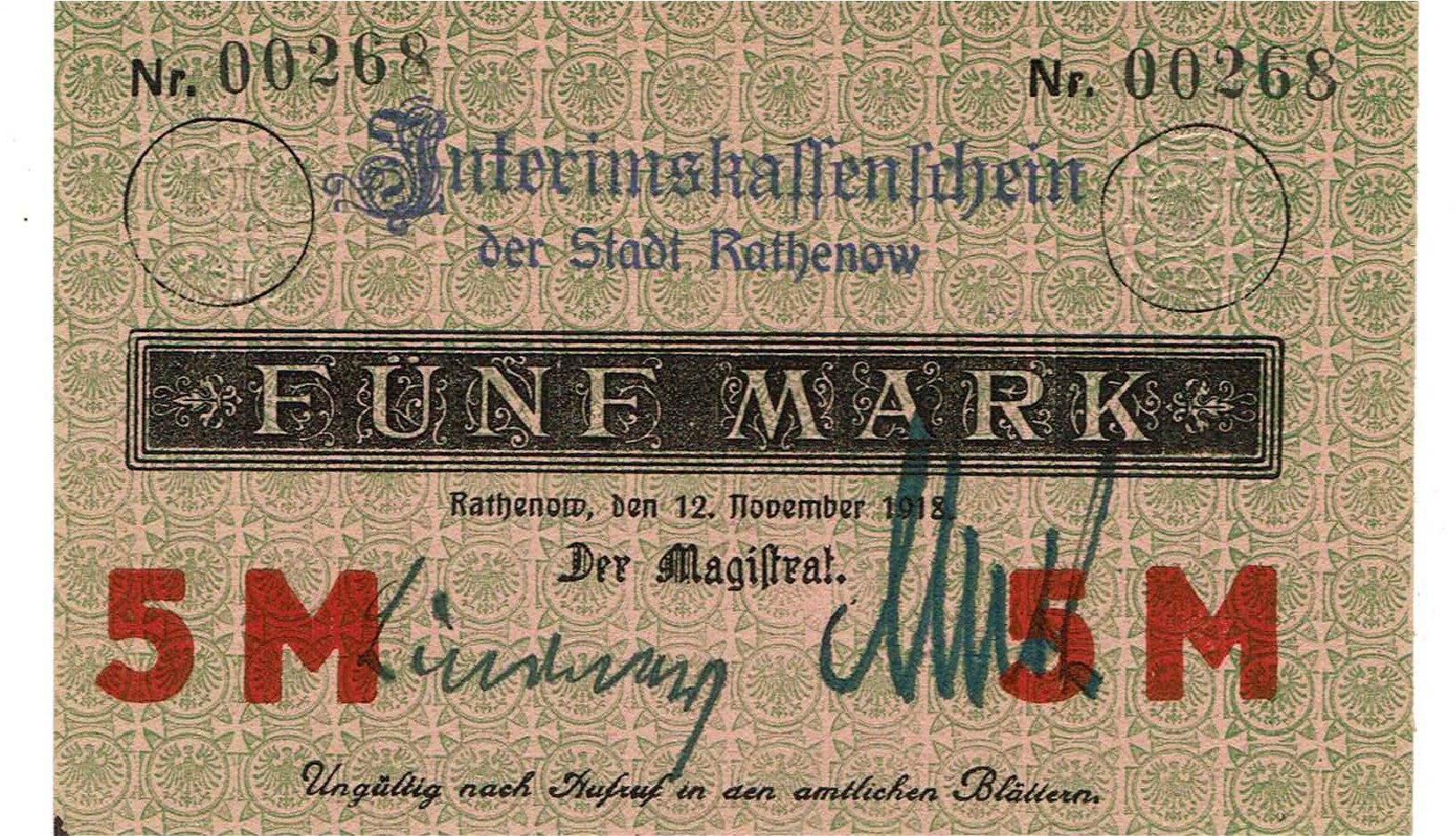 Banconote: Rathenow 5 Mark 12.11.1918 VZ-VZ+ – Usato da Steffisburg venduto da ber_8htf