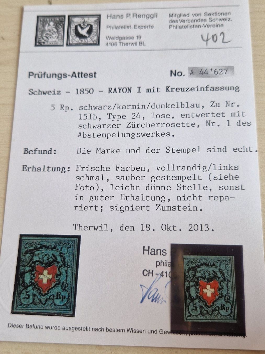 Tutti i francobolli: Rayon 15Ib, Type 24, Z-Rosette, Attest – Usato da Burgdorf venduto da Glossy01