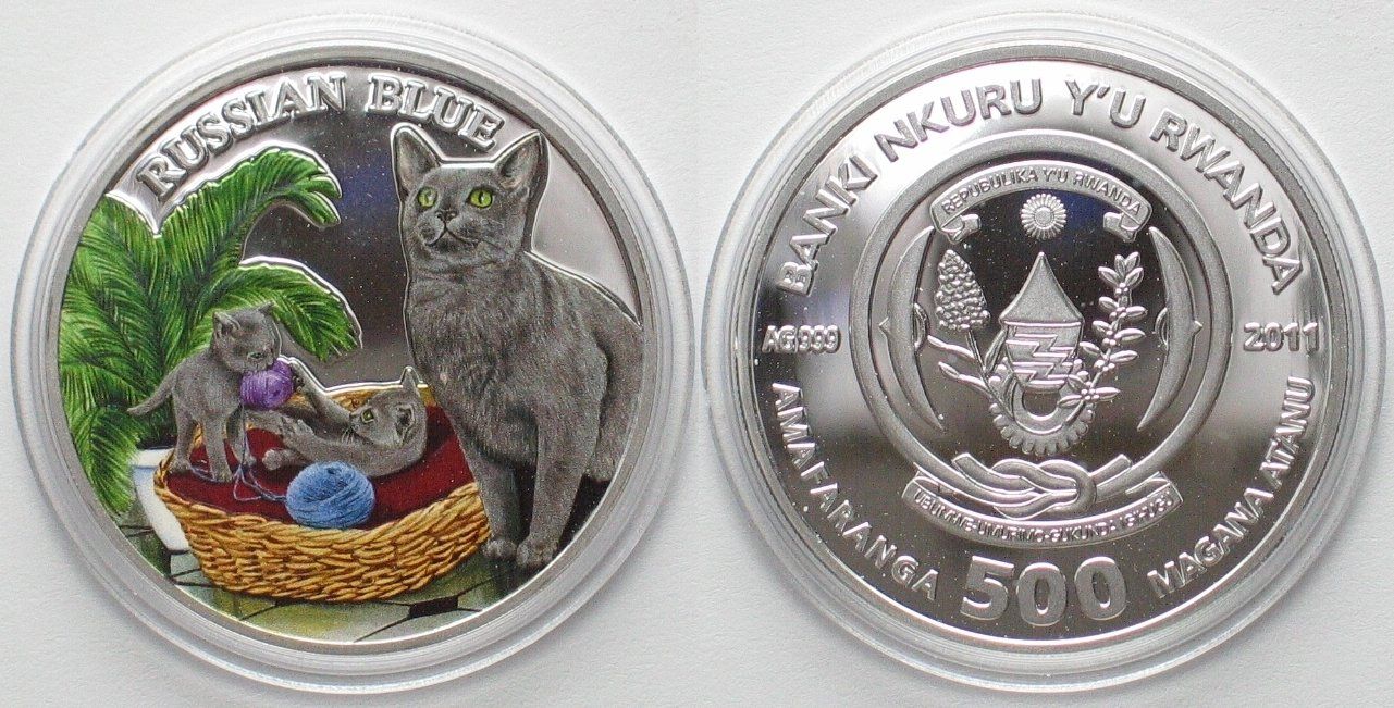 Alle Münzen: RUANDA 500 Francs 2011 Katzen RUSSIAN BLUE Silber, Farbe PP – Gebraucht aus Riehen von sesambestcoins2004
