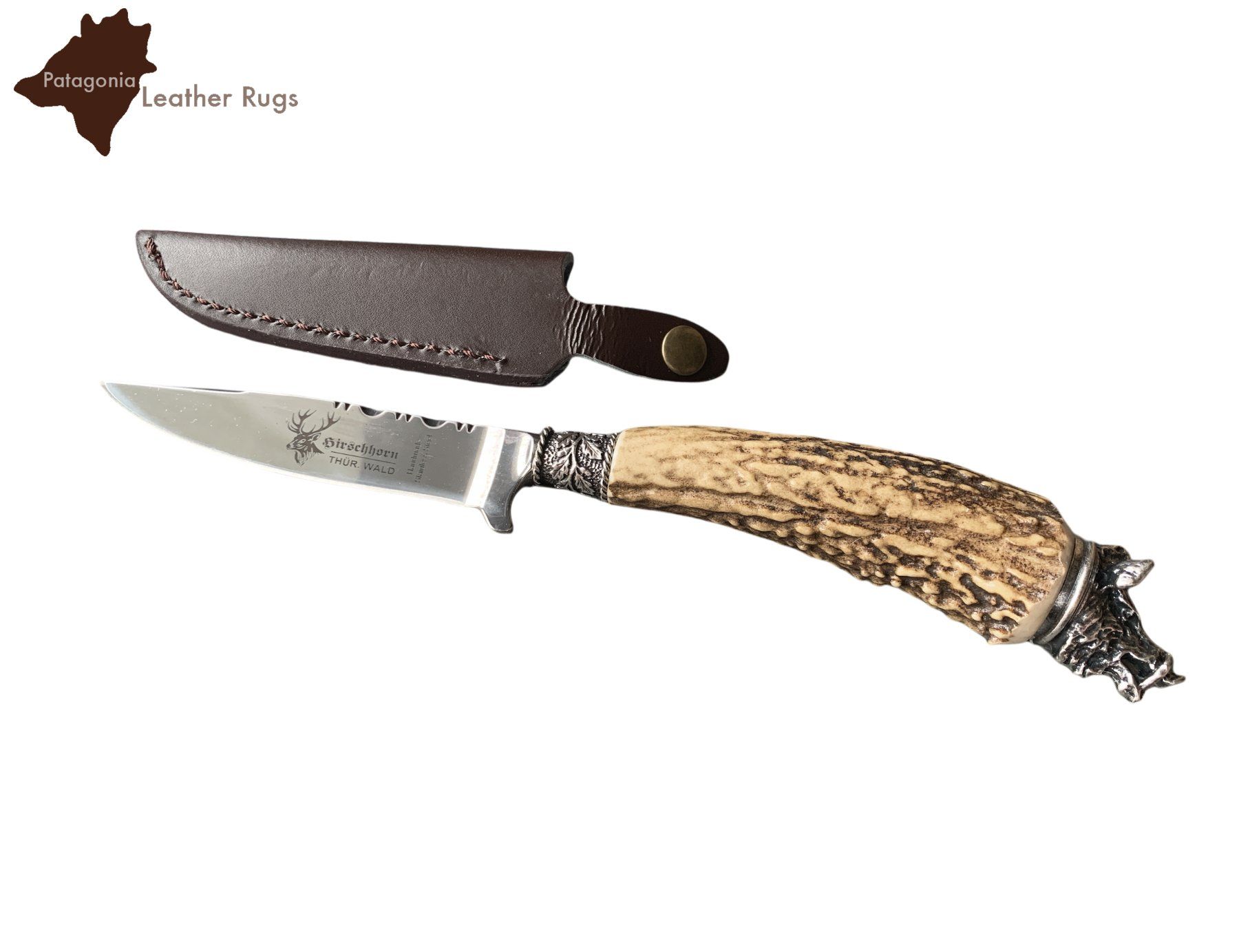 Zubehör: Messer mit Griff aus echtem Hirschhorn und Lederscheide – Neu und originalverpackt aus Arbedo von patagonialeatherrugs