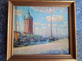 Hafenansicht mit Turm Ölgemälde Reinhold Pirl