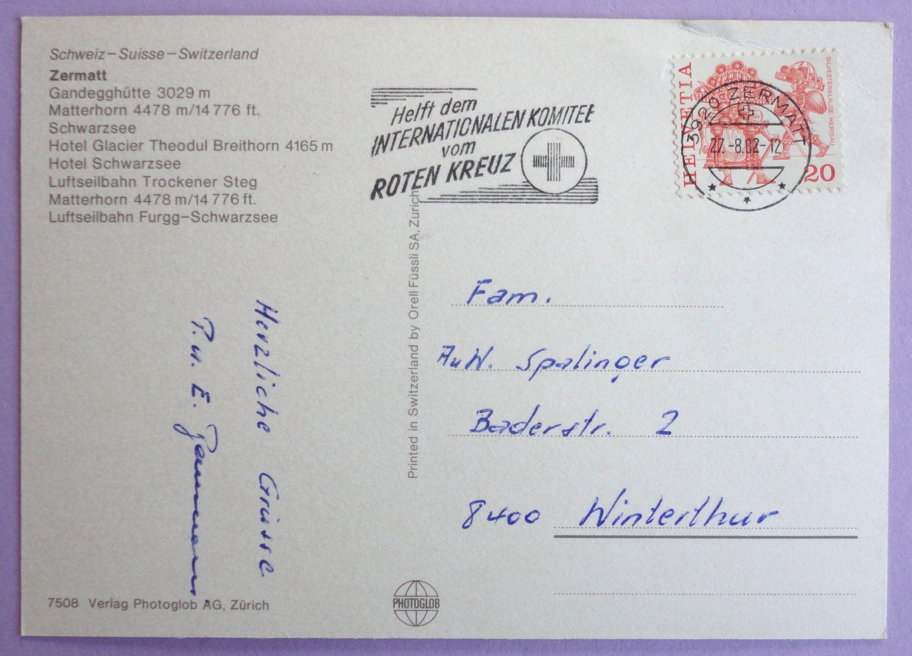 Cartoline postali: Zermatt – Usato da Fétigny venduto da Billy2miny 1