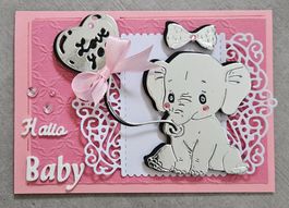 Karte zur Geburt Elefäntli Hallo Baby silber-rosa handmade