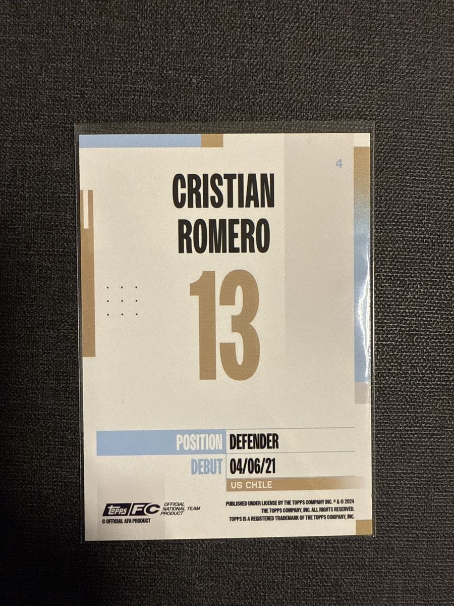 Patch porté match Cristian Romero et numéroté - Set équipe Topps Argentine
