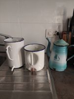 Vintage blue-white-aqua enamelware pots pitcher cafetière x3