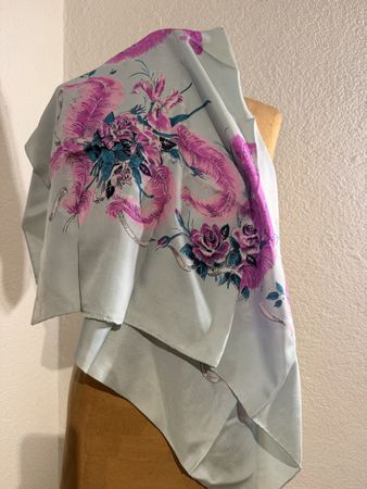 Foulard Vintage Carré Soie Imprimé Fleurs & Plumes Printemps