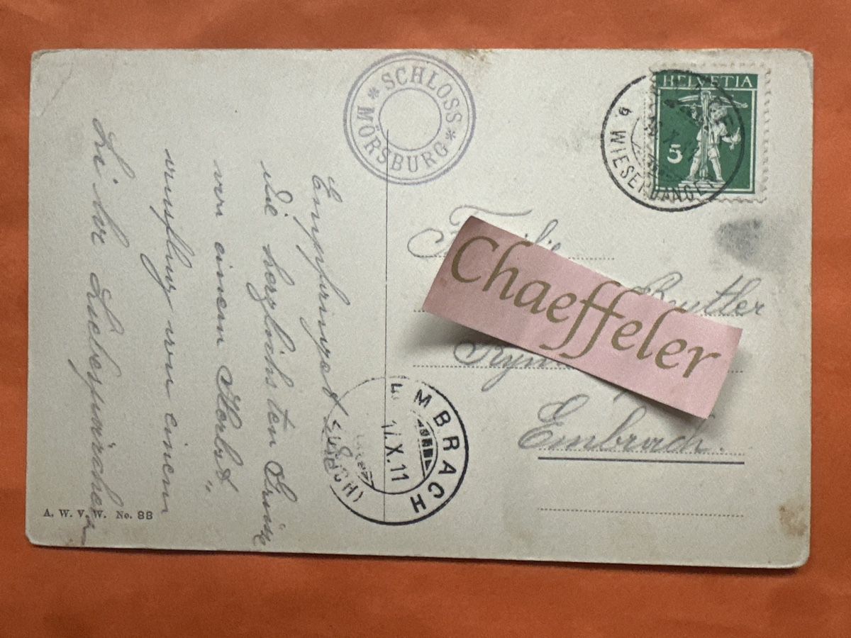 Cartoline postali: 1911  Schloss Mörsburg, Thurgau – Usato da Zürich venduto da Chaeffeler 1