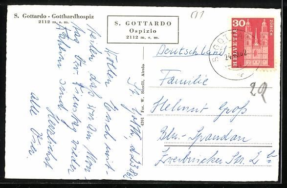 Cartoline postali: AK S. Gottardo, Gotthardhospiz, 1962 – Usato da Berlin venduto da bartko-reher 1