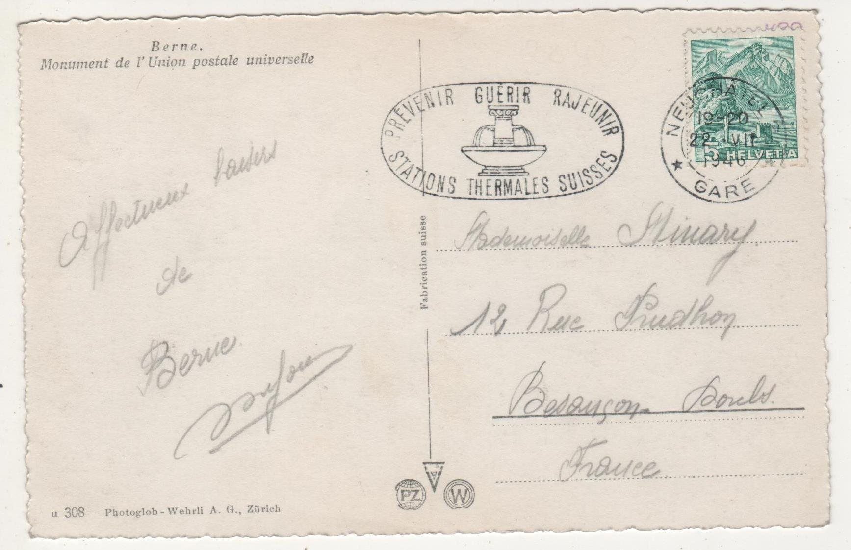 Cartoline postali: Ansichtskarte Bern Weltpostdenkmal 1946 – Usato da Remetschwil venduto da Hofiii 1