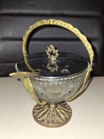 Vintage Zuckerdose Kristallglas mit Messinggestell & Löffel