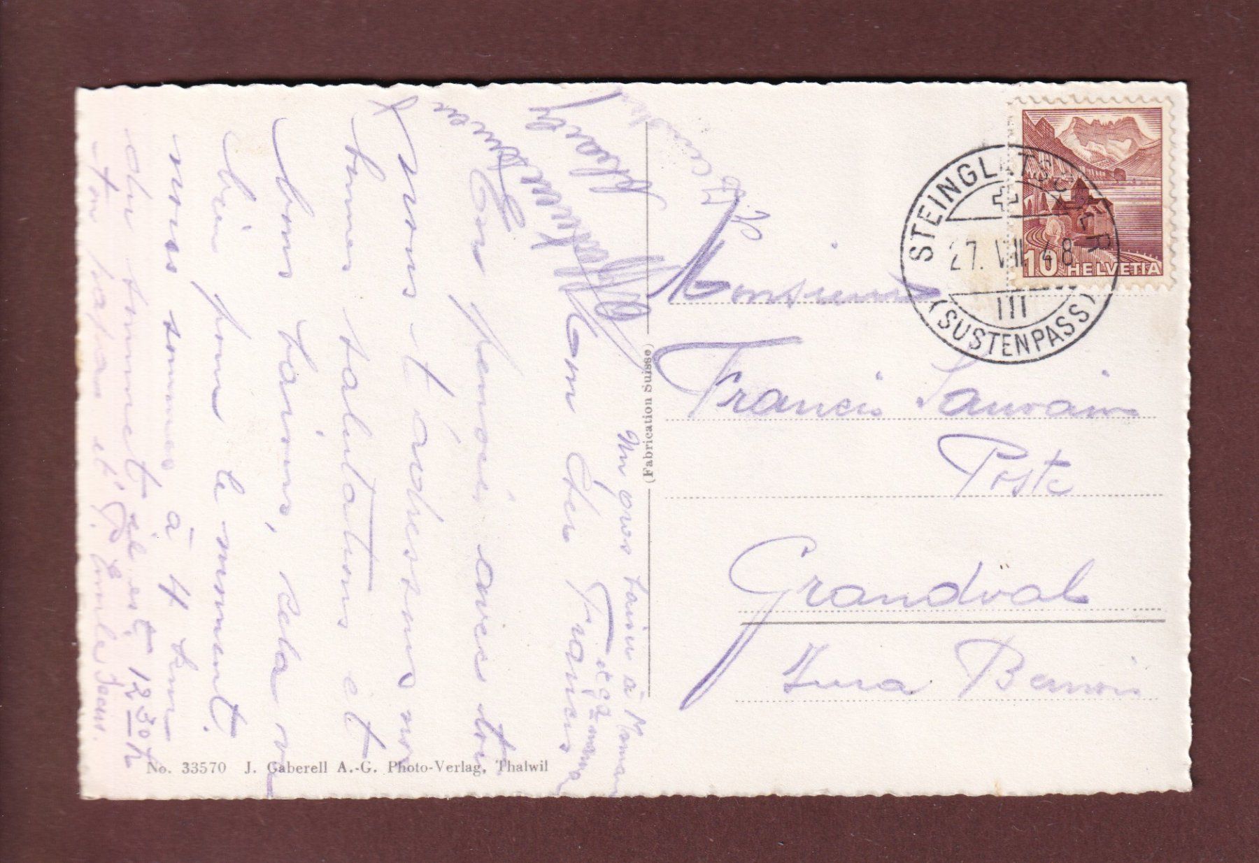 Cartoline postali: SUSTENSTRASSE im Himmelsrank - 1948 – Usato da Pully venduto da nicecards 1