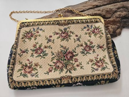 Tasche Gobelin Blumen Muster gold Kette Vintage Zustand