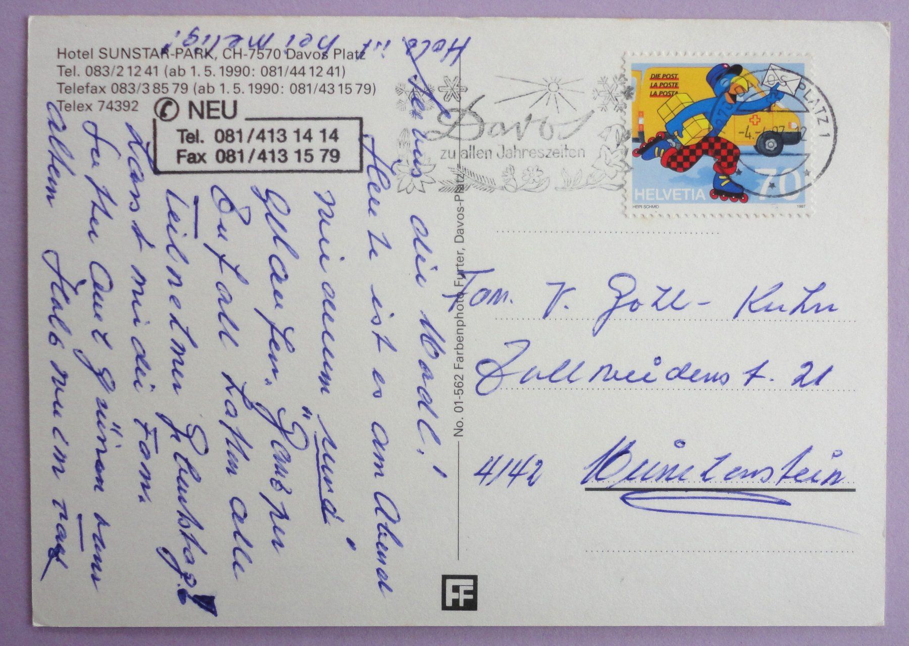 Cartoline postali: Hotel Sunstar-Park, Davos-Platz – Usato da Fétigny venduto da Billy2miny 1