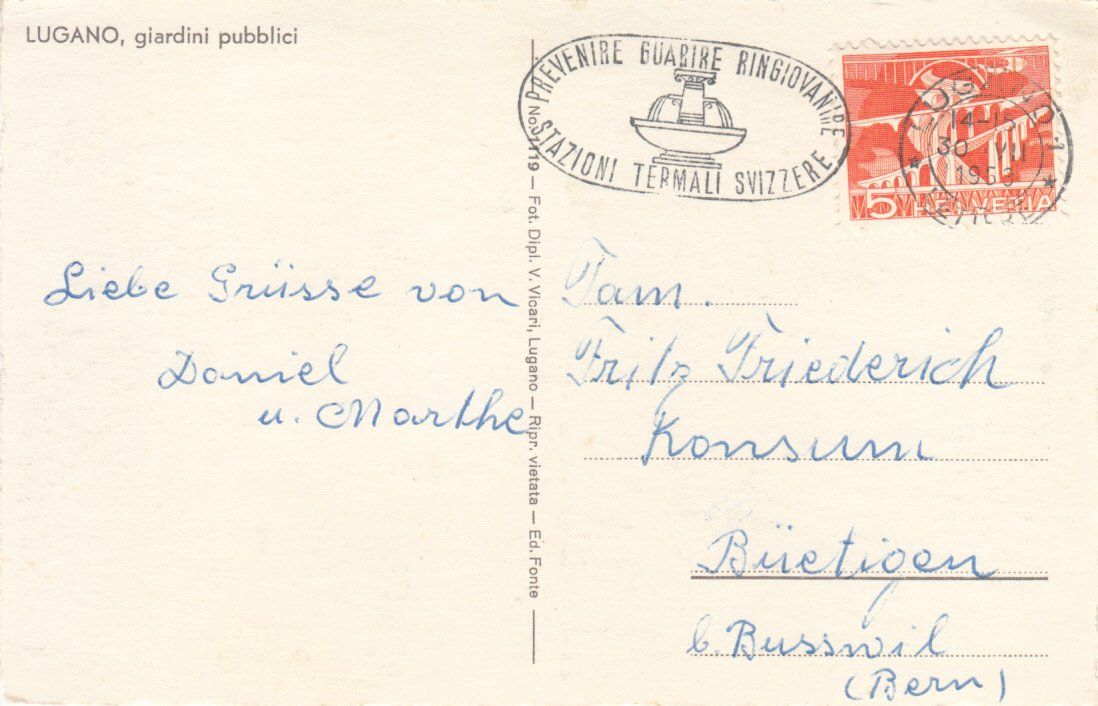 Cartoline postali: Lugano 1958 – Usato da Bürglen TG venduto da StampGraf 1