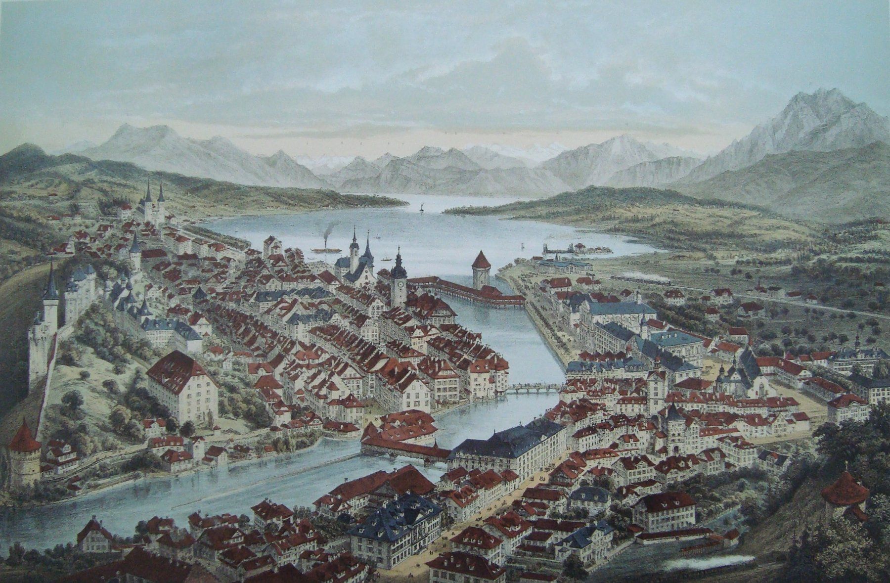 Grafica & Litografie: grosse Lithographie " Vue Générale de Lucerne " Th. Muller – Usato da Oberdorf NW venduto da Lufao 1