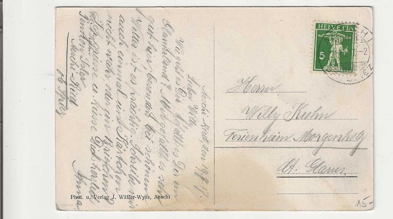 Ansichtskarten: Aeschi/Suldtal/Latreyenalp, 1917 – Gebraucht aus Spiez von Niesen20 1