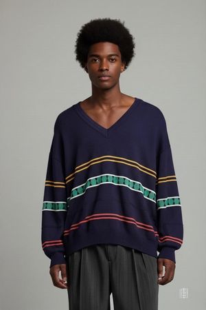 Pierre Sangan Woll-V-Pullover mit bunten Streifen - Größe M
