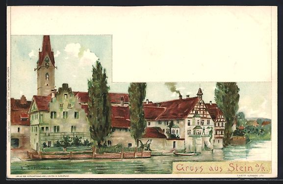 Ansichtskarten: Litho Stein a. R., Häuser am Fluss-Ufer – Gebraucht aus Berlin von bartko-reher
