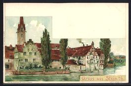 Litho Stein a. R., Häuser am Fluss-Ufer