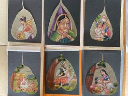 Handbemalte indische Kunst auf Peepal-Blättern, 6 Stk