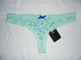 Mintfarbener String Tanga mit Blumenmuster, Neu, Gr. S