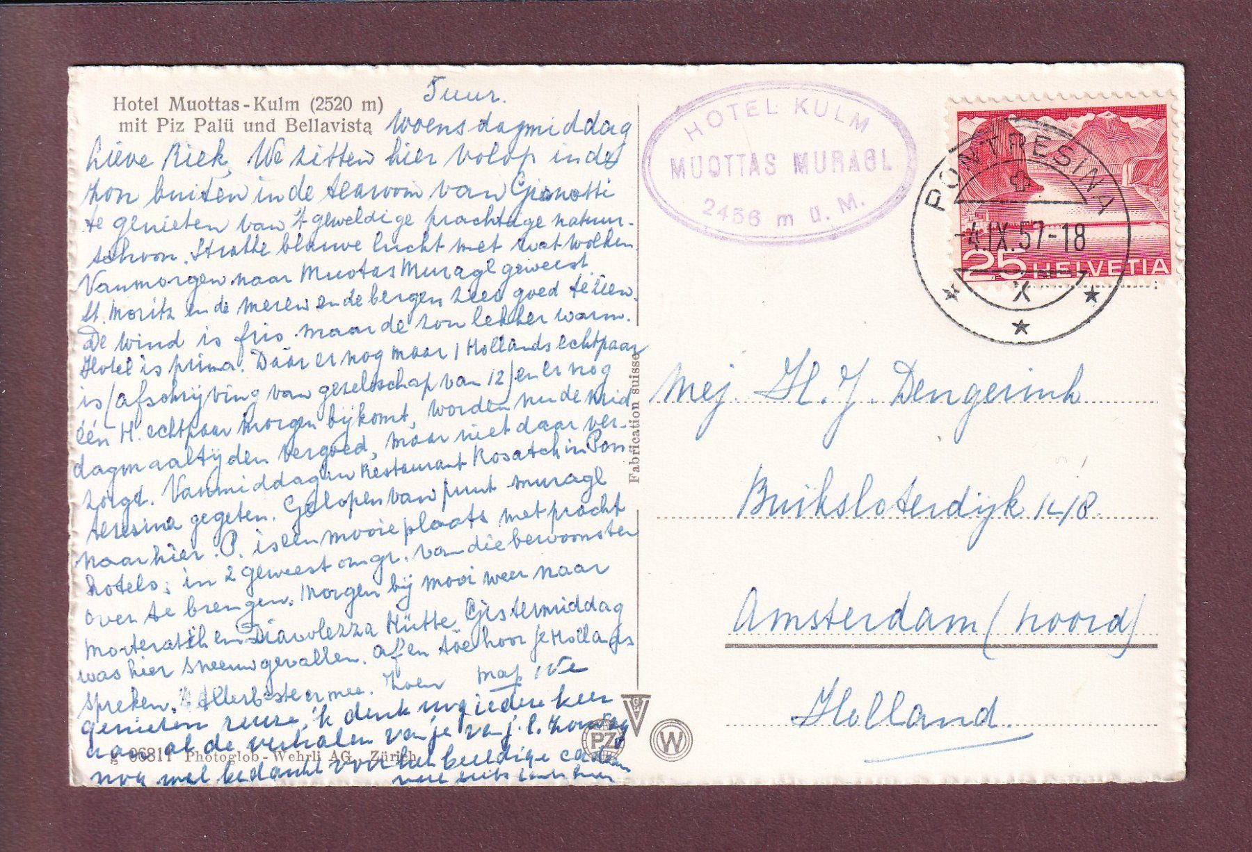 Ansichtskarten: Hotel MUOTTAS-KULM - 1957 – Gebraucht aus Pully von nicecards 1