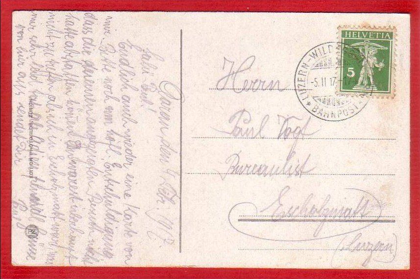 Cartoline postali: AARAU 1917, BAHNPOSTSTEMPEL – Usato da Grüningen venduto da Kartenlaube 1