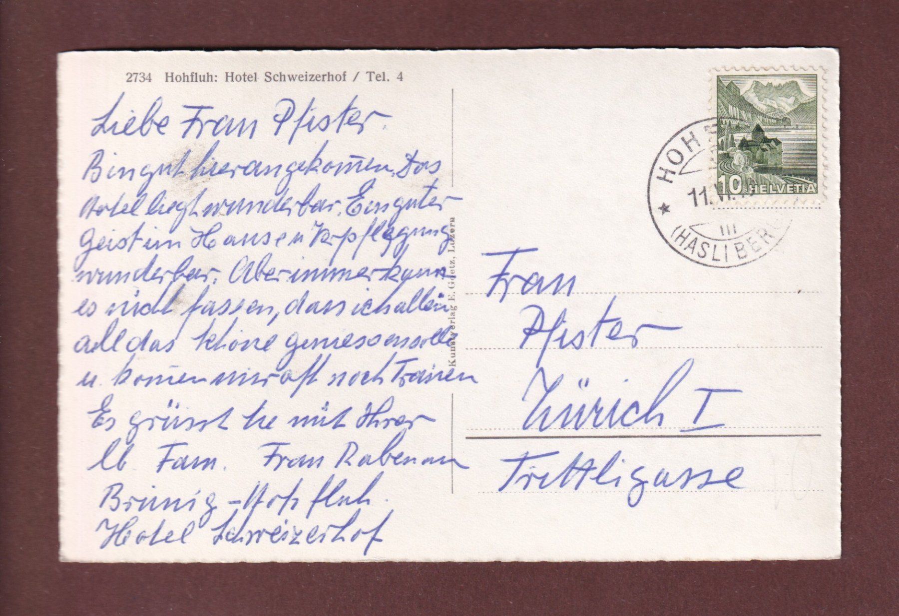 Cartoline postali: HOHFLUH - Hotel Schweizerhof - 1949 – Usato da Pully venduto da nicecards-shop 1